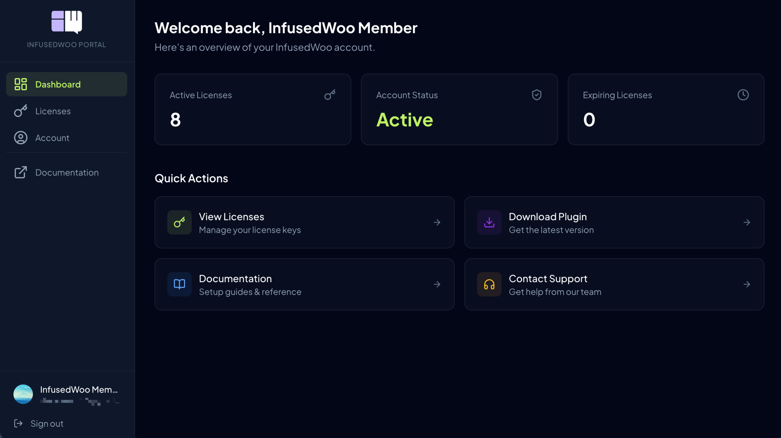Portal dashboard showing license cards and quick actions