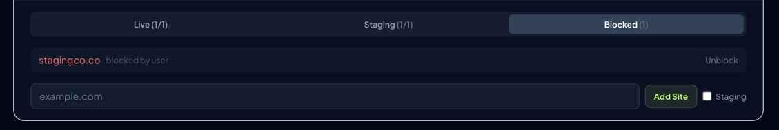 Blocked domains tab with unblock buttons