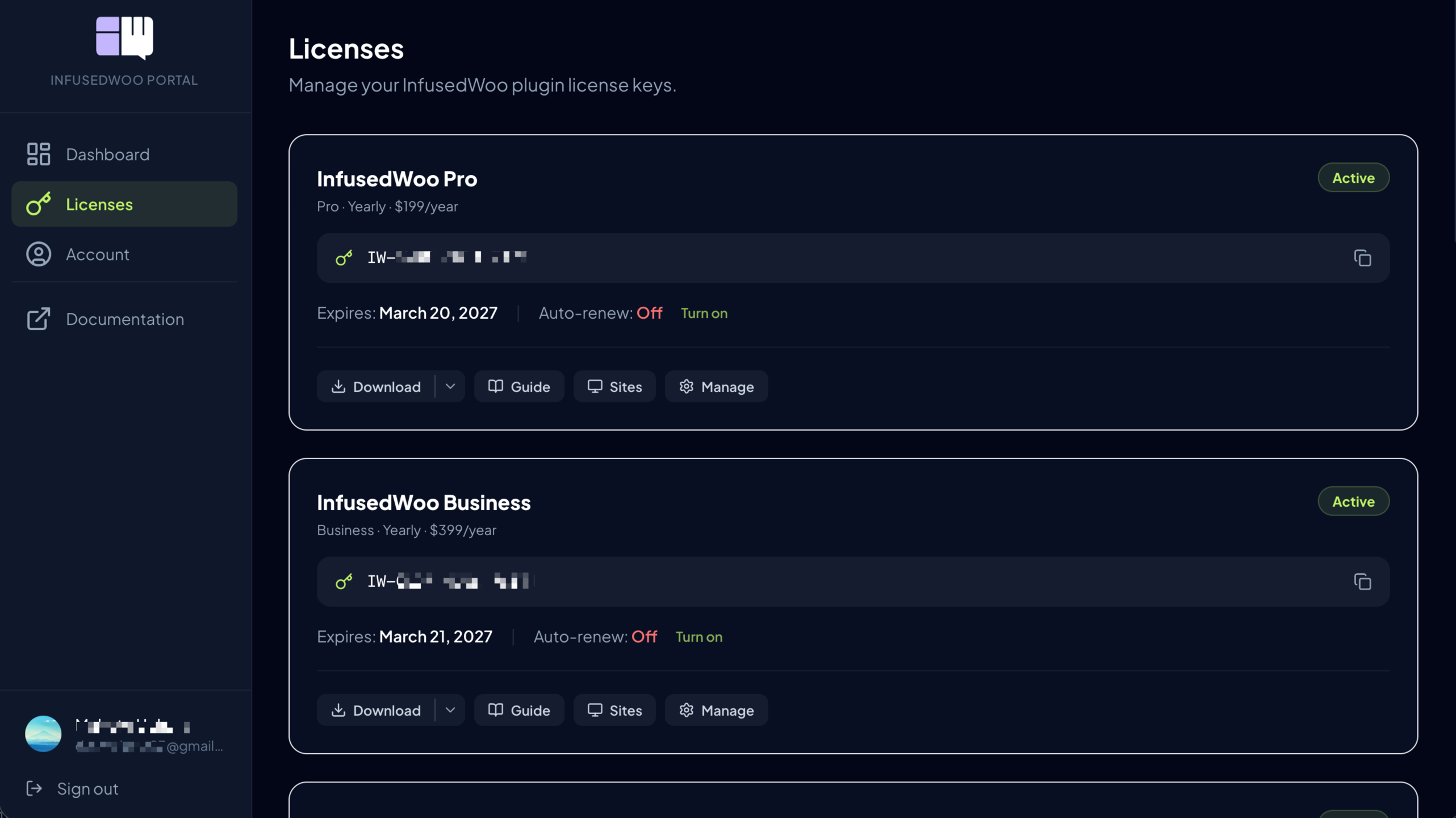 Licenses page showing license cards with status badges and action buttons