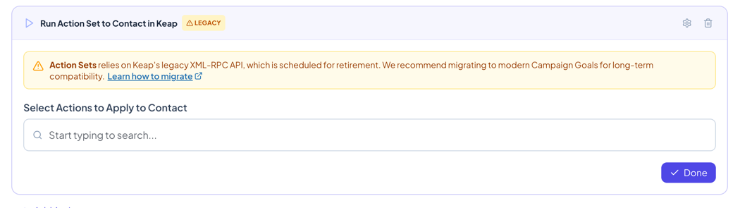 A legacy action card showing the amber Legacy badge and deprecation warning