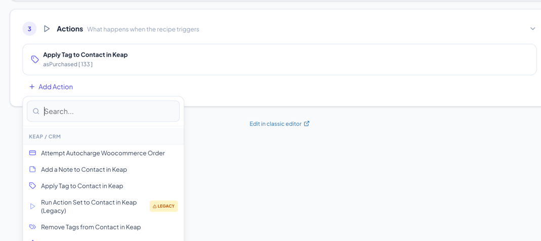 Actions step showing a few configured actions in collapsed view