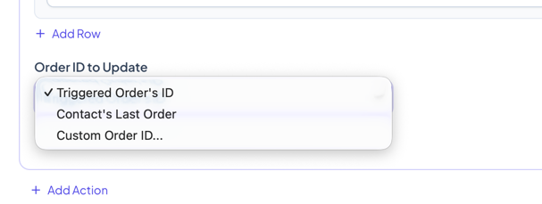 Order ID selector showing the dropdown and custom order ID text field