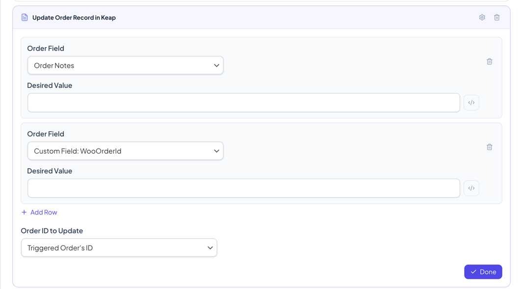An action with repeater rows showing field/value pairs and Add Row button
