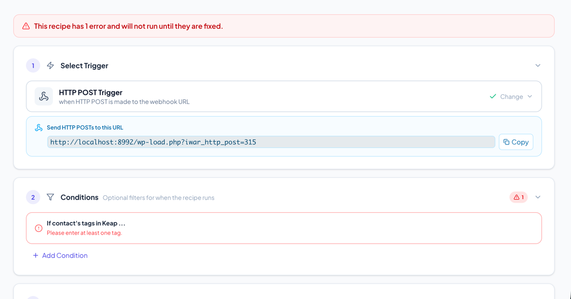 Recipe editor showing the error banner, a step header with error count, and a card with red border