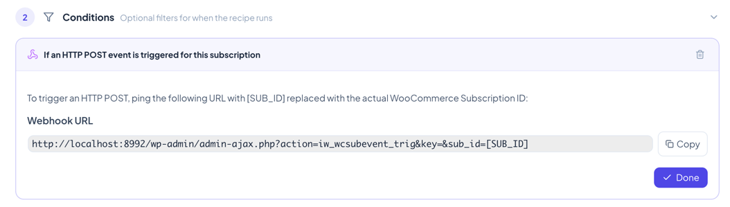 Subscription HTTP POST condition showing the copyable webhook URL