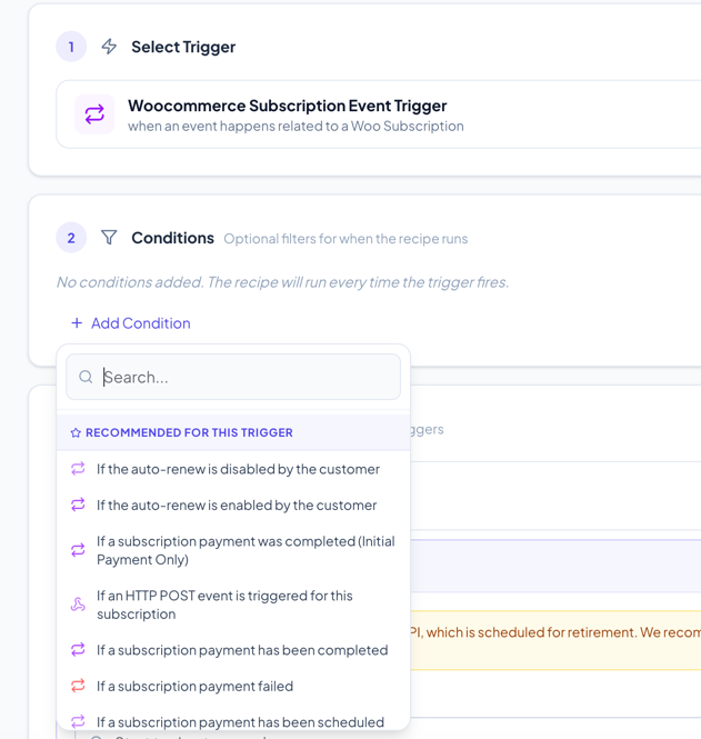 Add condition dropdown showing recommended section and grouped conditions