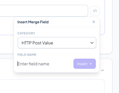 Merge field picker showing a free-entry category with text input and Insert button
