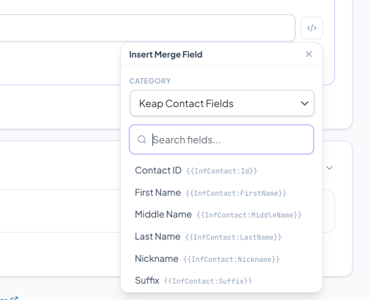 Merge field picker open showing category dropdown and field list with search