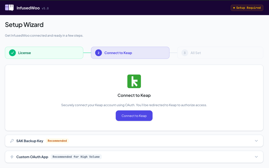 Connect to Keap step with the Keap logo and Connect button