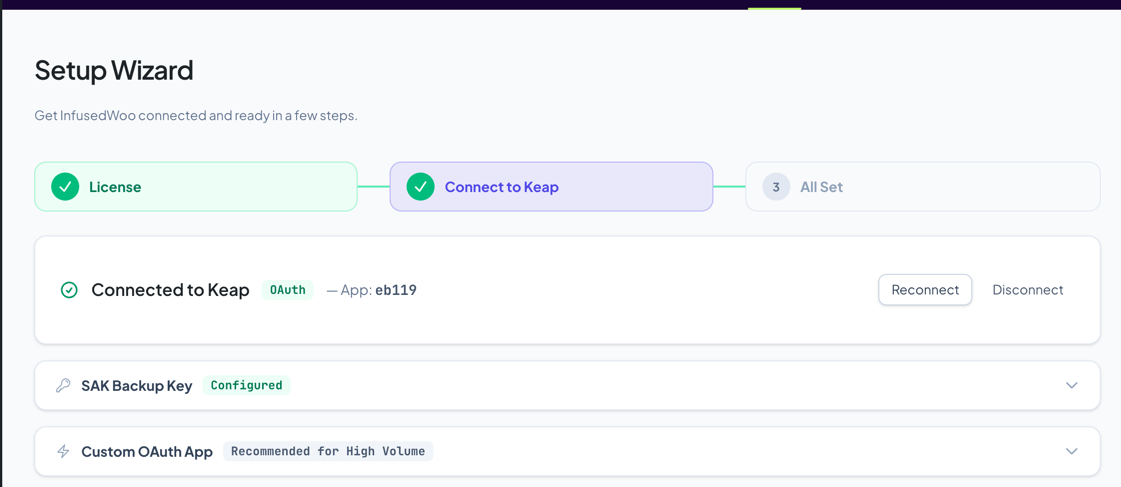 Keap Connection settings page showing connected state with Reconnect and Disconnect buttons