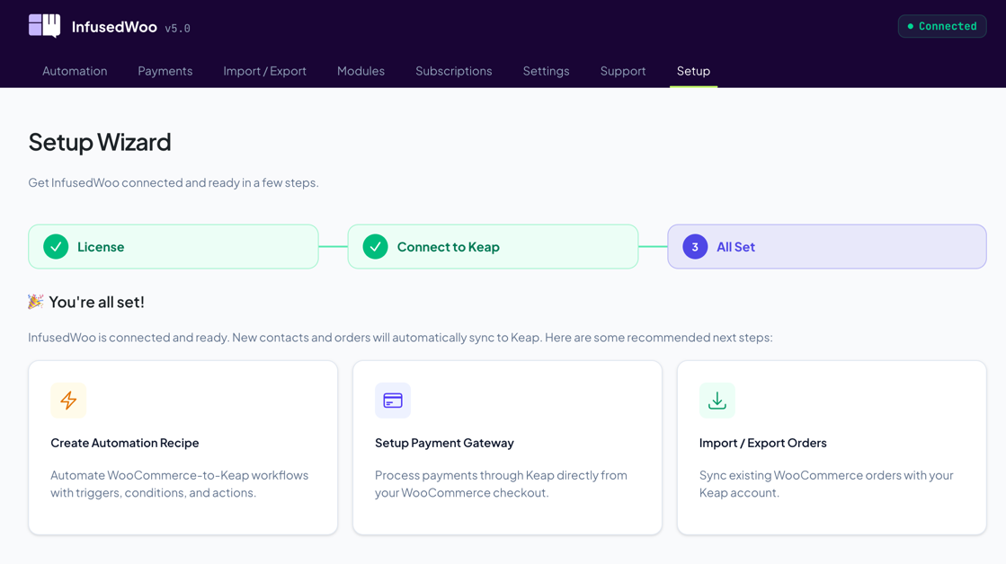 InfusedWoo dashboard showing Connected status