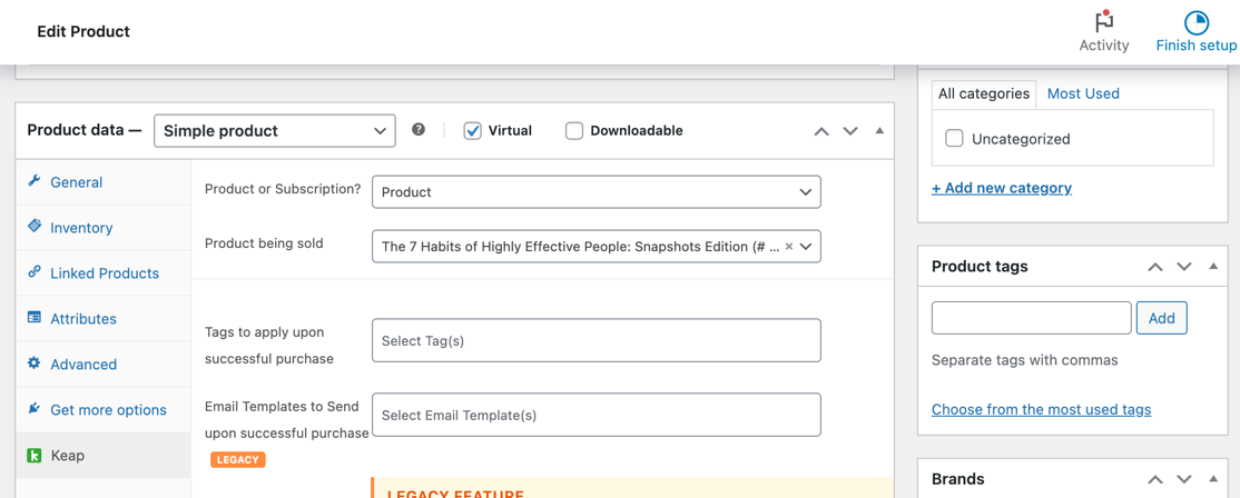 WooCommerce product edit page showing the Keap tab with product, tag, email, and action set fields
