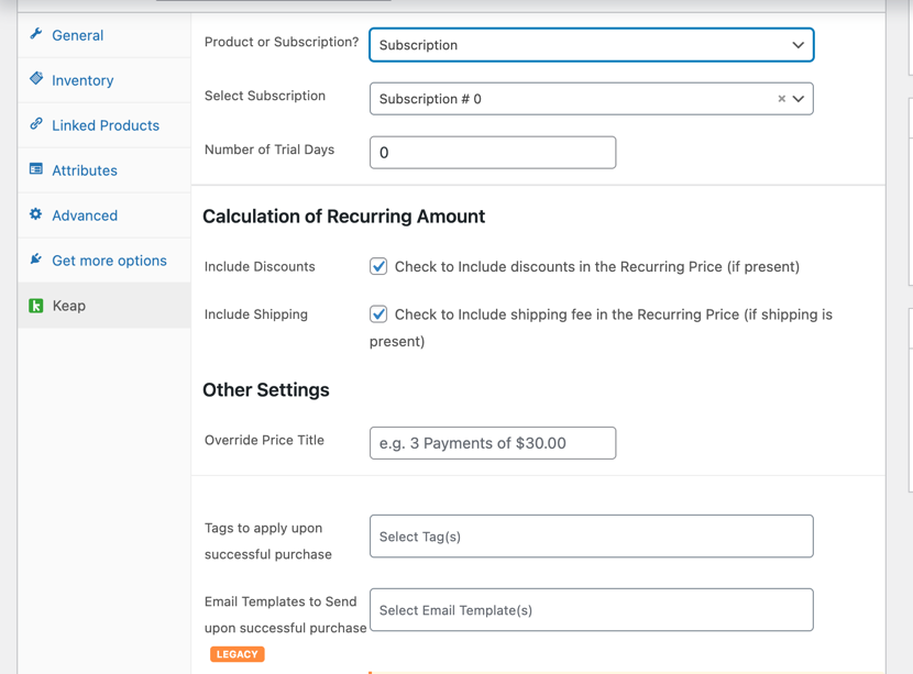 Product Keap tab with Subscription selected, showing the additional subscription fields