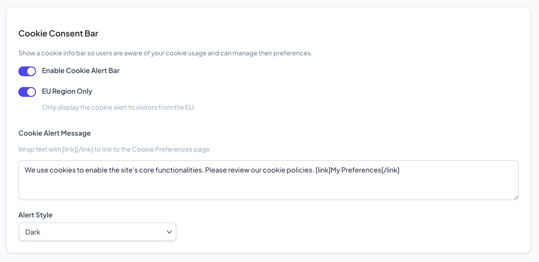 GDPR Cookie Consent page showing theme options