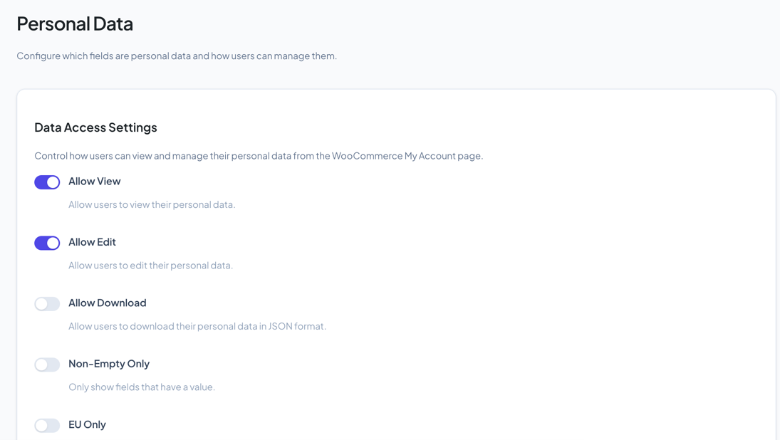 GDPR Personal Data page showing field checkboxes