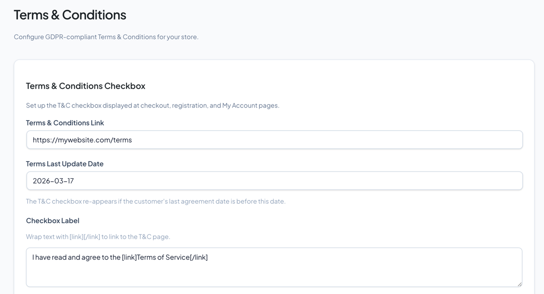 GDPR Terms & Conditions settings page