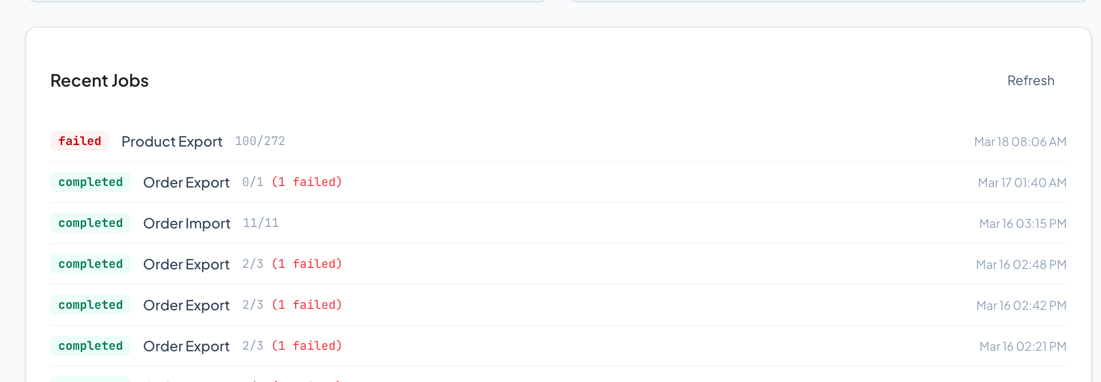 Recent Jobs list showing a few completed and failed jobs