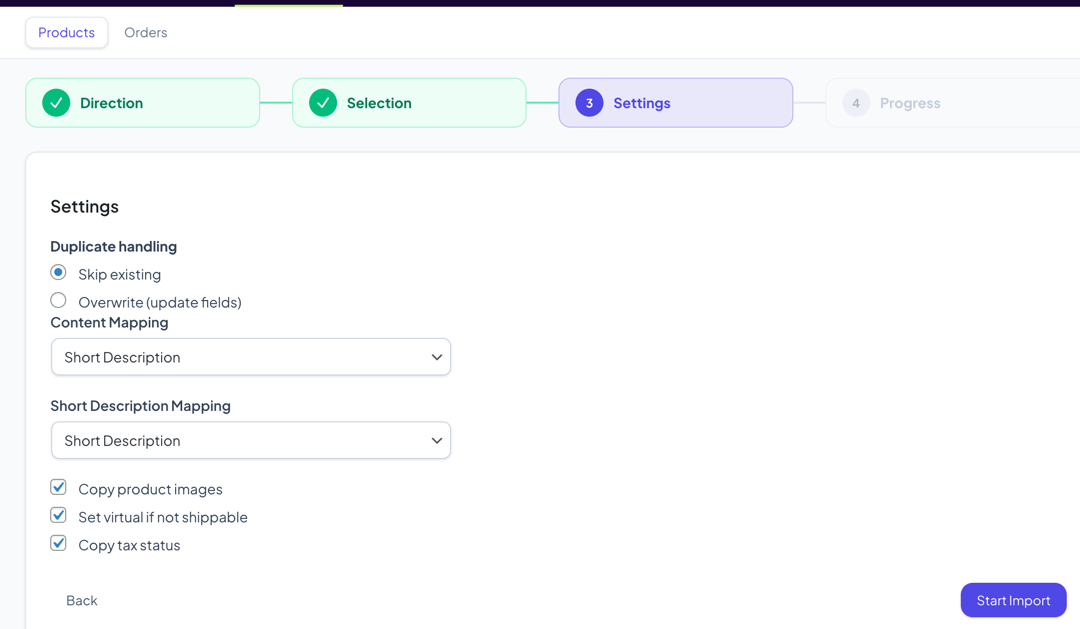 Product Import config step showing content mapping dropdowns and checkboxes