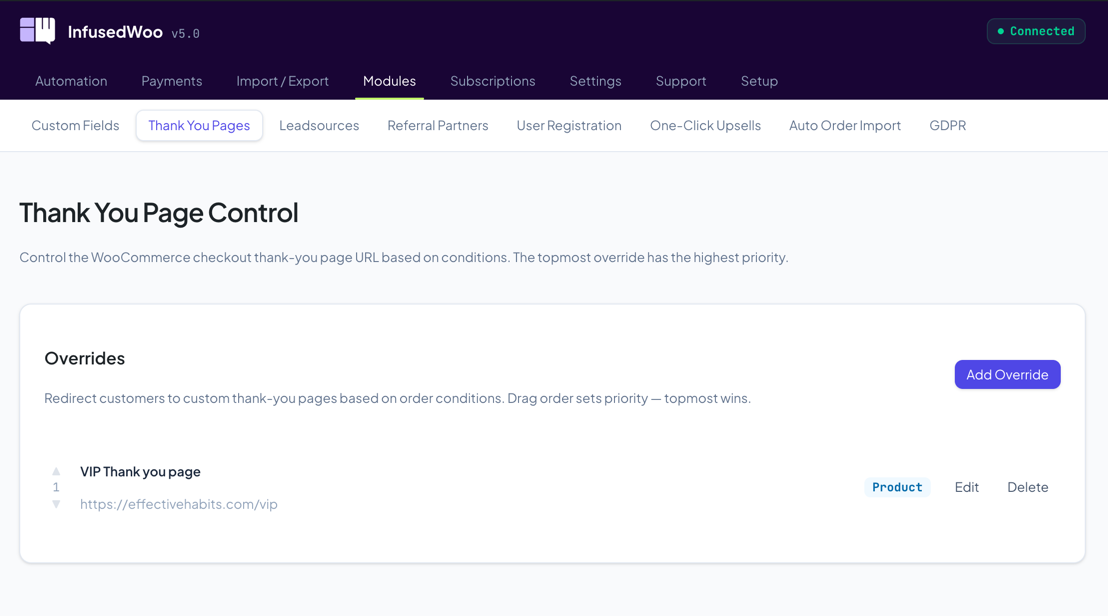 Thank You Pages showing the overrides list with condition badges and reorder arrows