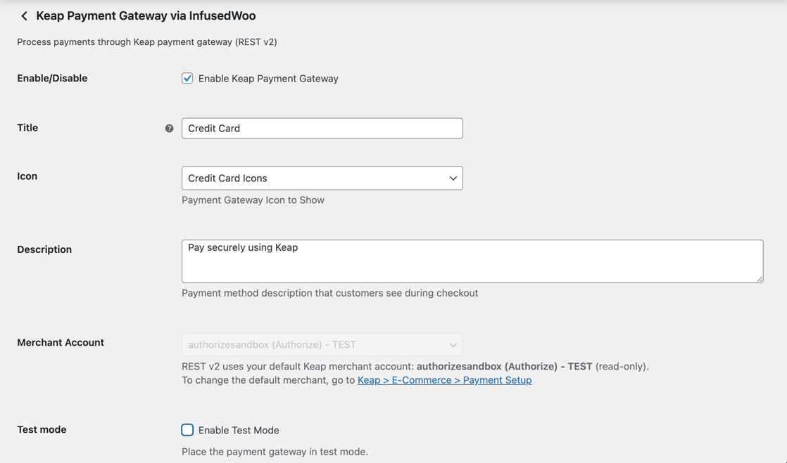 WooCommerce payment settings for the Keap gateway