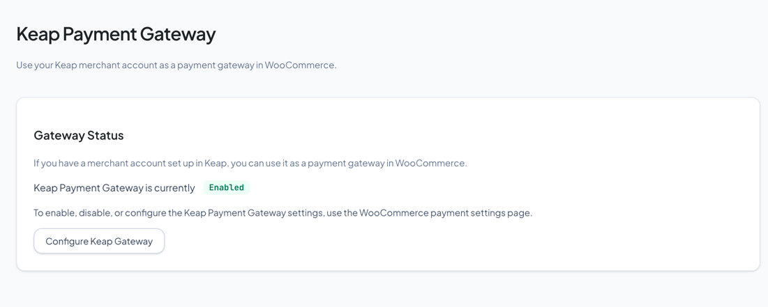 Keap Gateway page showing the Enabled badge and Configure button