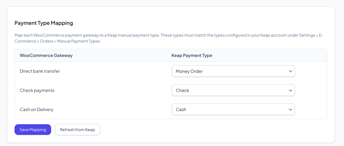 Payment Type Mapping table showing WooCommerce gateways mapped to Keap payment types