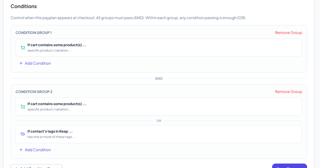 Conditions section with two groups, showing AND between groups and OR within a group