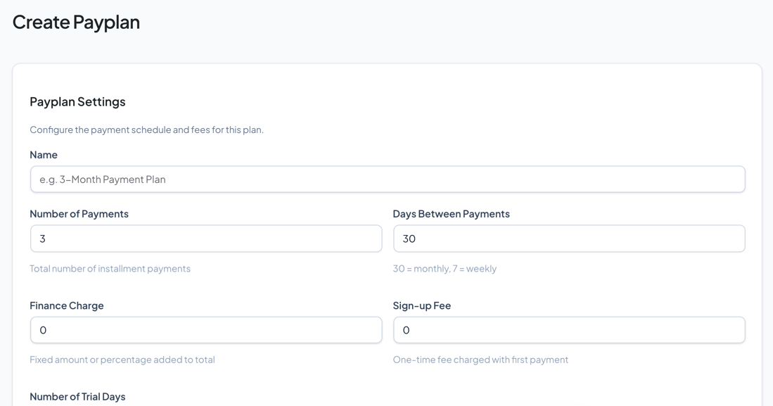 Create payplan form with fields filled in