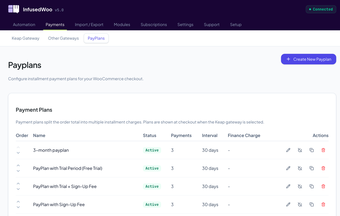 Payplans list showing several plans with status badges and action buttons