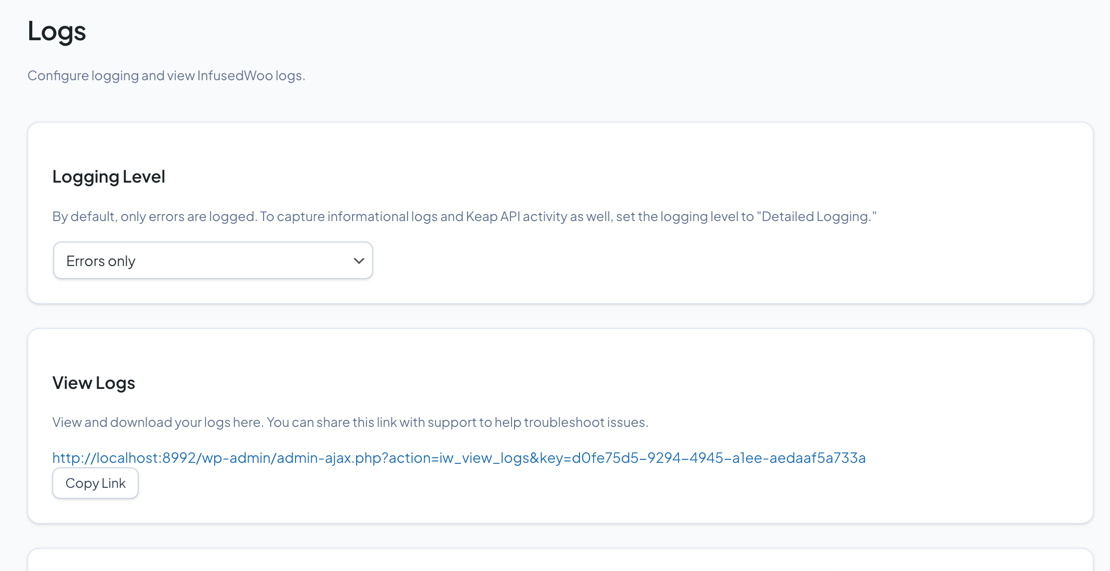 Logs page showing logging level dropdown and view logs URL