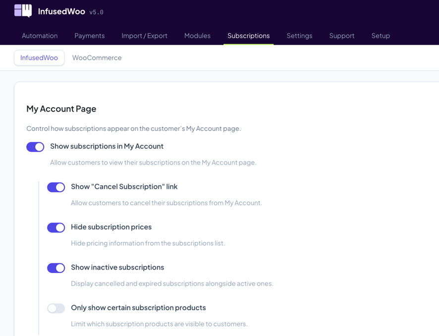 InfusedWoo Subscriptions page showing My Account settings